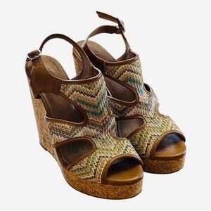 Lucky Brand Cork Wedge Sandals Multi-Color Woven Zigzag Size 8 Boho